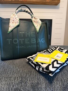 Marc Jacobs Dark Green Pebbled Leather The ToteBag with Scarf Accent